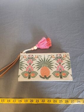Embroidered Pineapple Wristlet Clutch in Peach and Green